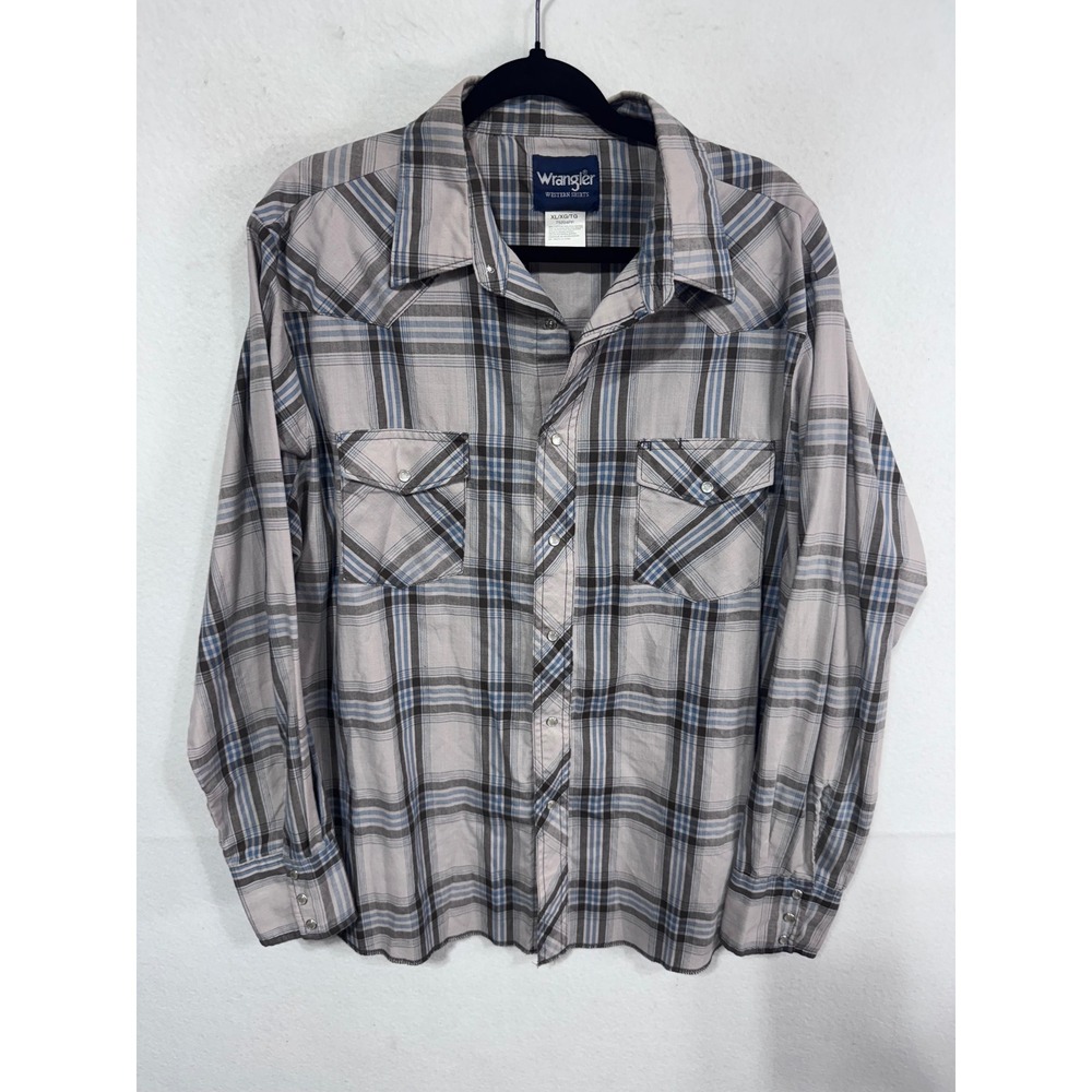 Wrangler Men's XL Gray Plaid Western Shirt Pearl Snap Long‎ Sleeve